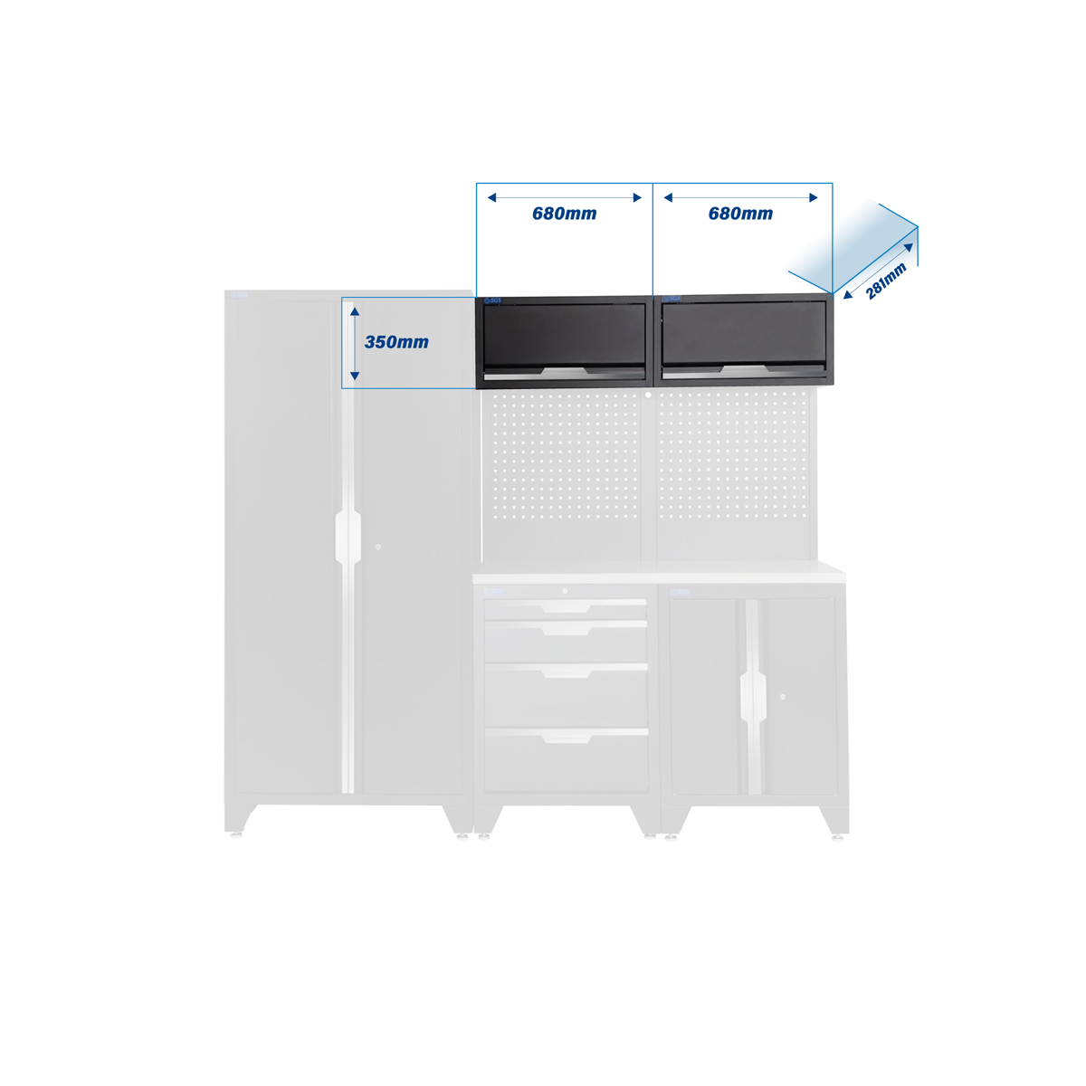SGS 7pc Garage Storage System | 4 Drawers | Stainless Steel Worktop | Floor Cabinet | 2x Upper Cabinet | Tall Double Cabinet